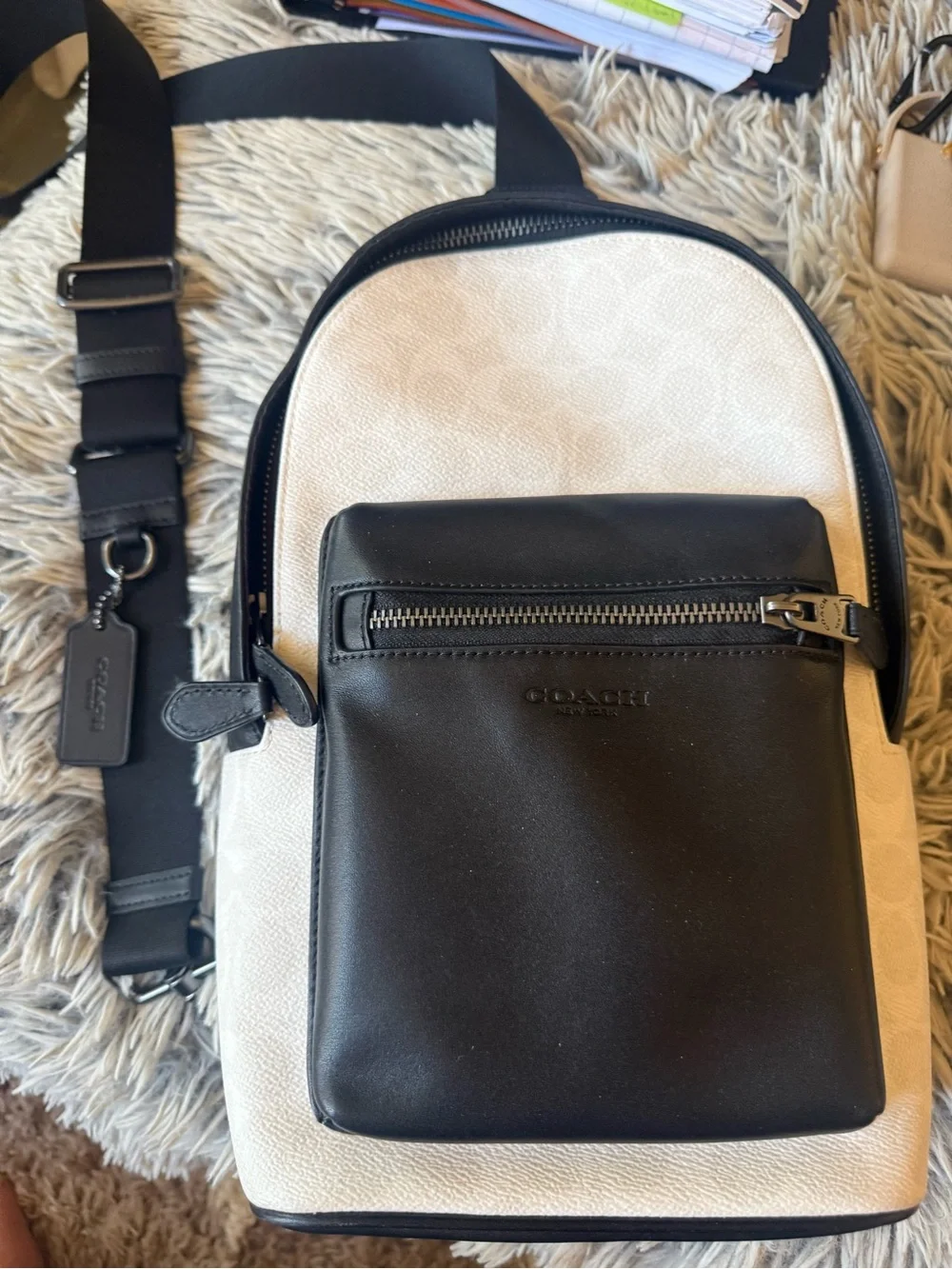 Coach Black & Cream Leather Canvas Crossbody Sling Bag